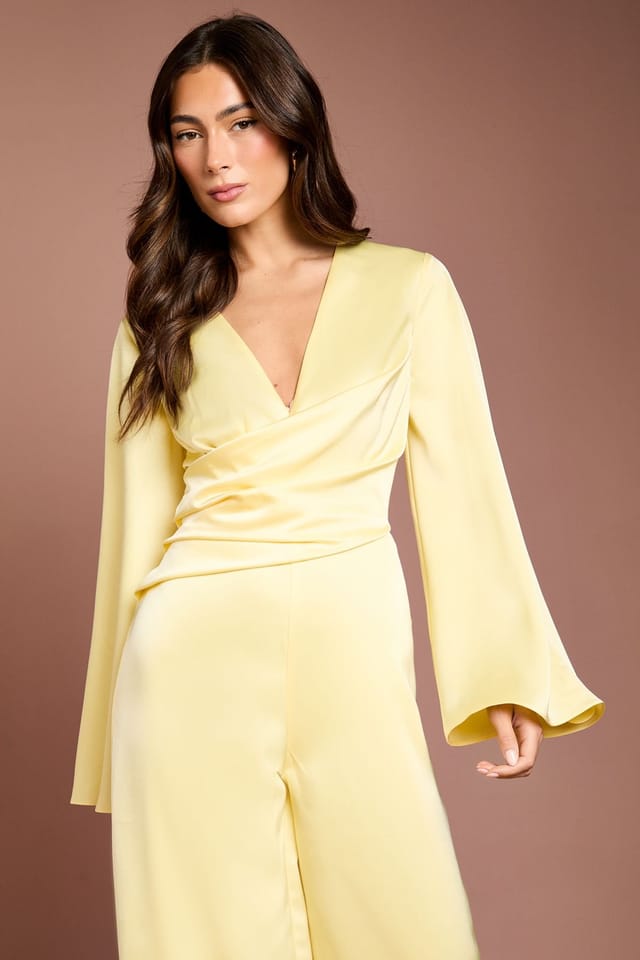 Coast Coast Women's Wrap Waist Satin Jumpsuit With Flare Sleeve in Lemon - 2