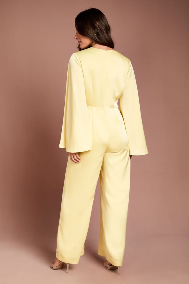 Coast Coast Women's Wrap Waist Satin Jumpsuit With Flare Sleeve in Lemon - 3