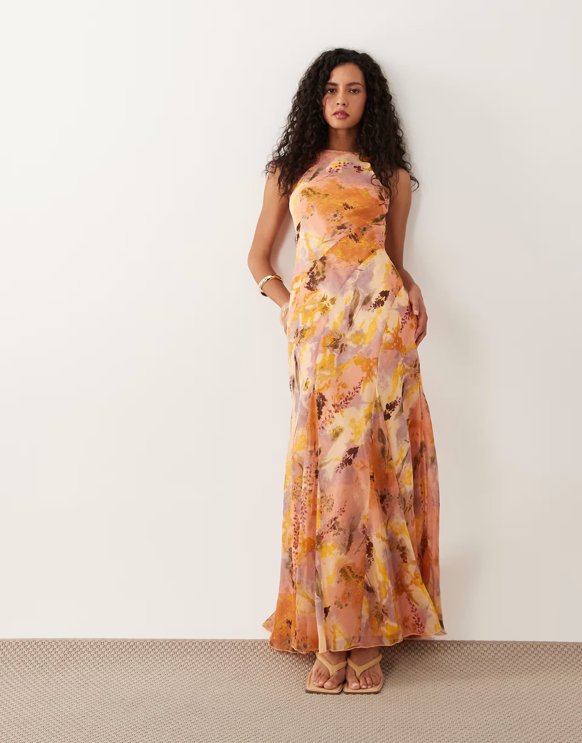 ASOS ASOS DESIGN racer neck bias maxi dress with godet hem orange abstract print