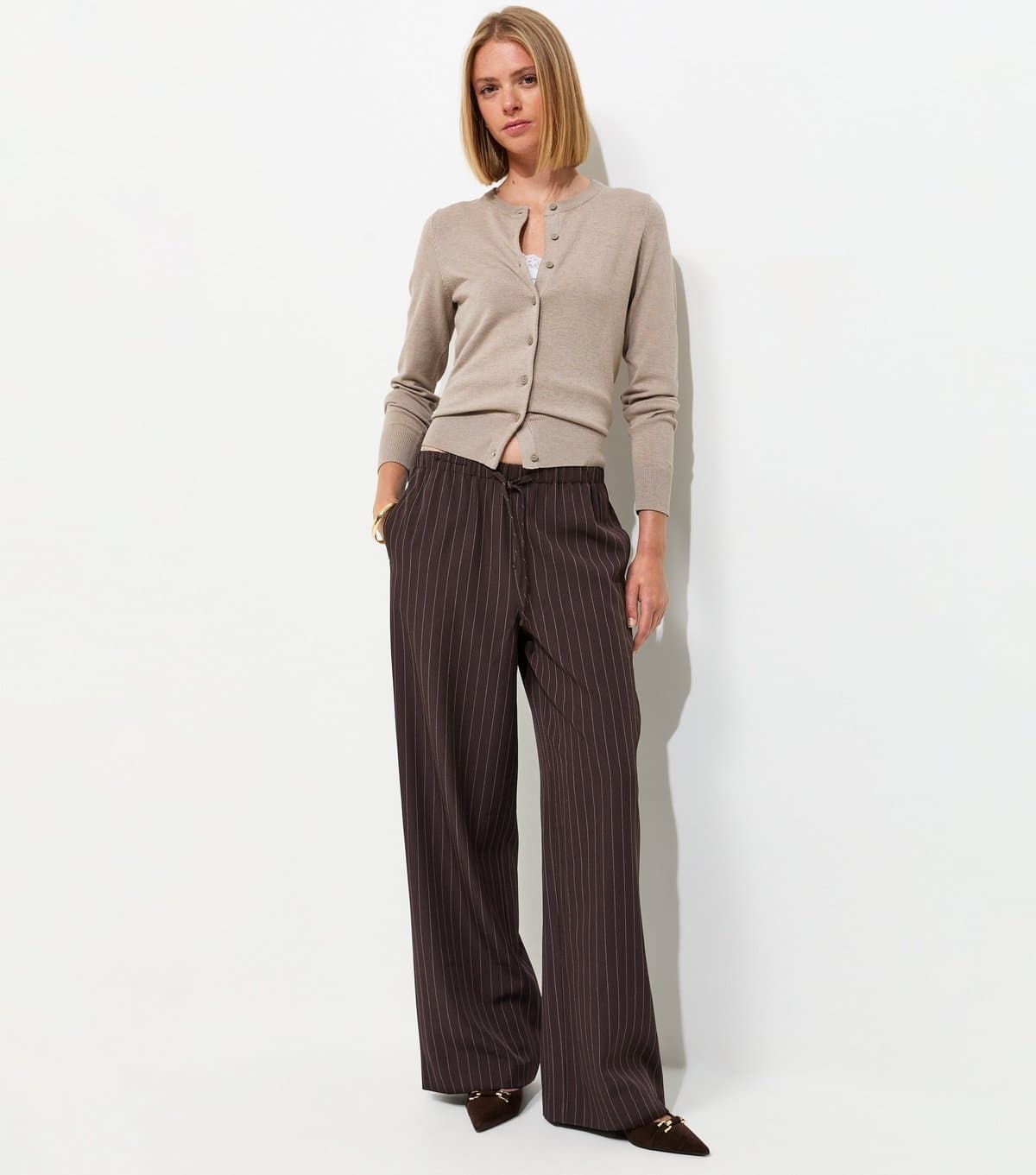 New Look Women's Brown Pinstripe Tailored Wide Leg Trousers New Look