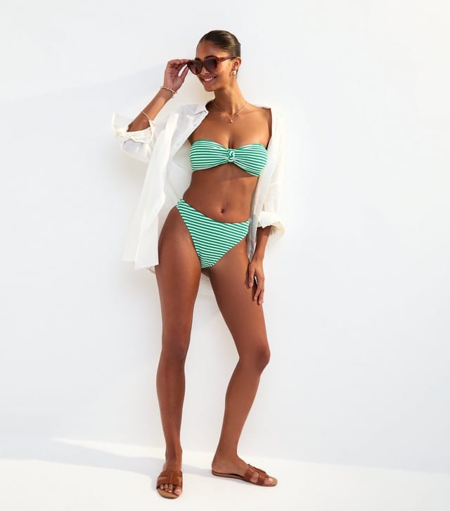 New Look Women's Green Textured Stripe High Cut Bikini Bottoms New Look - 3