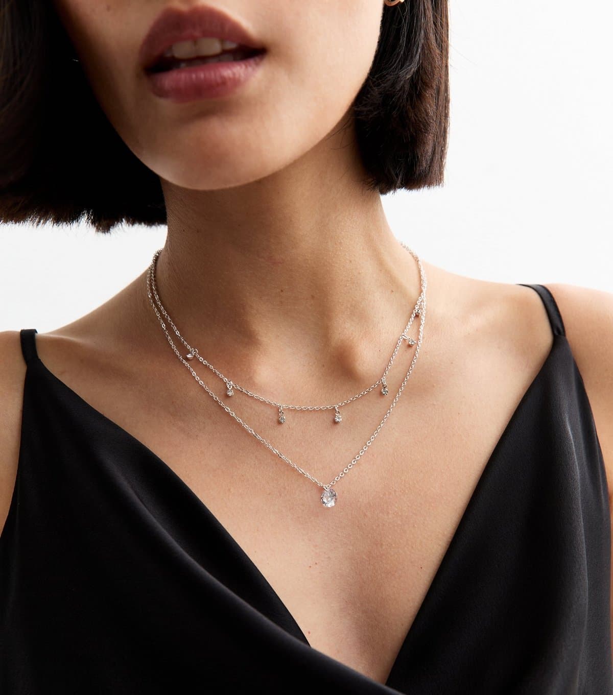 New Look Silver Tone Double Chain Cubic Zirconia Charm Necklace New Look