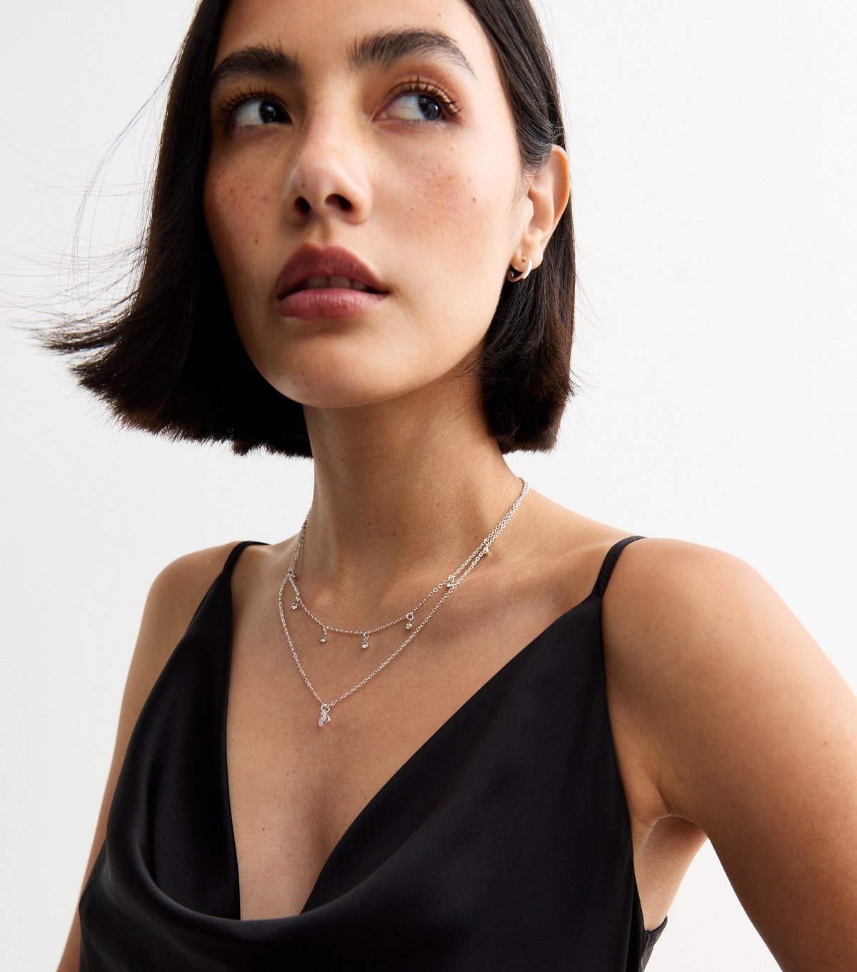 New Look Silver Tone Double Chain Cubic Zirconia Charm Necklace New Look - 2