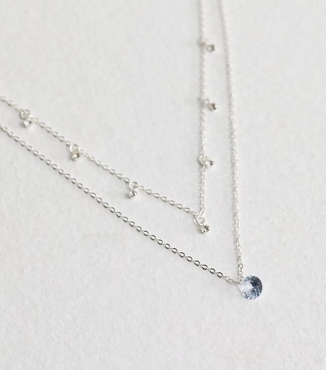 New Look Silver Tone Double Chain Cubic Zirconia Charm Necklace New Look - 3