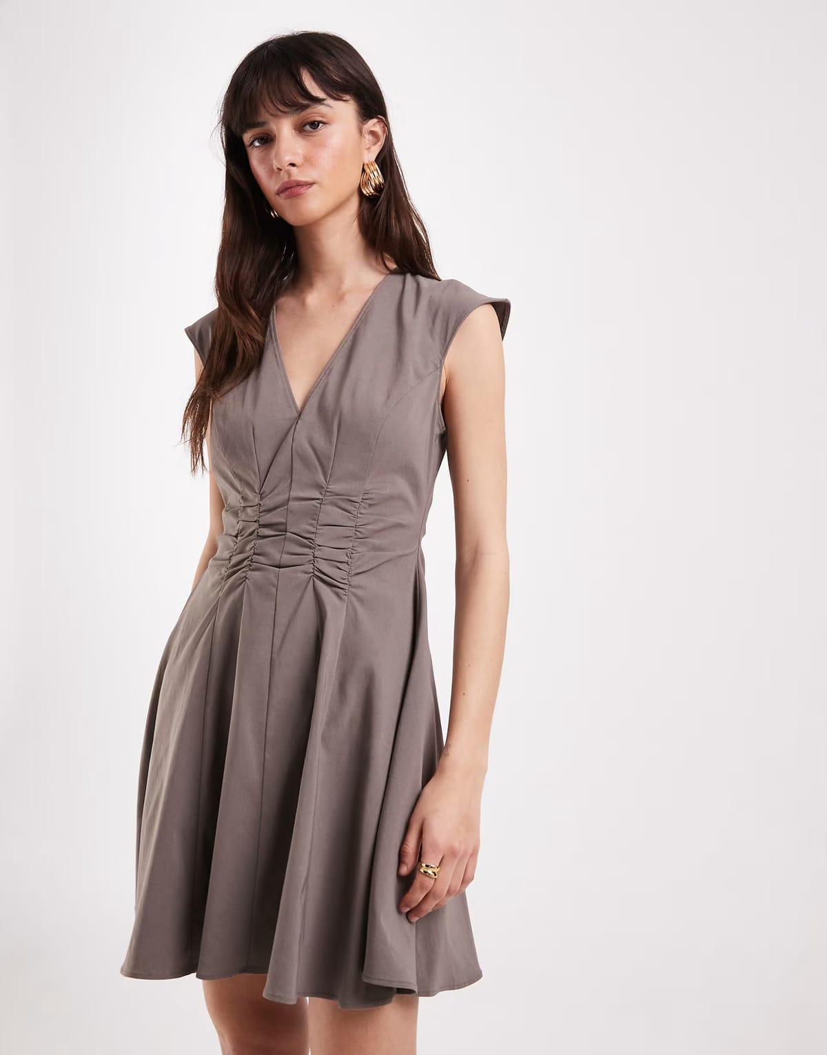 ASOS ASOS DESIGN v neck ruched waist bengaline mini dress in taupe - 1