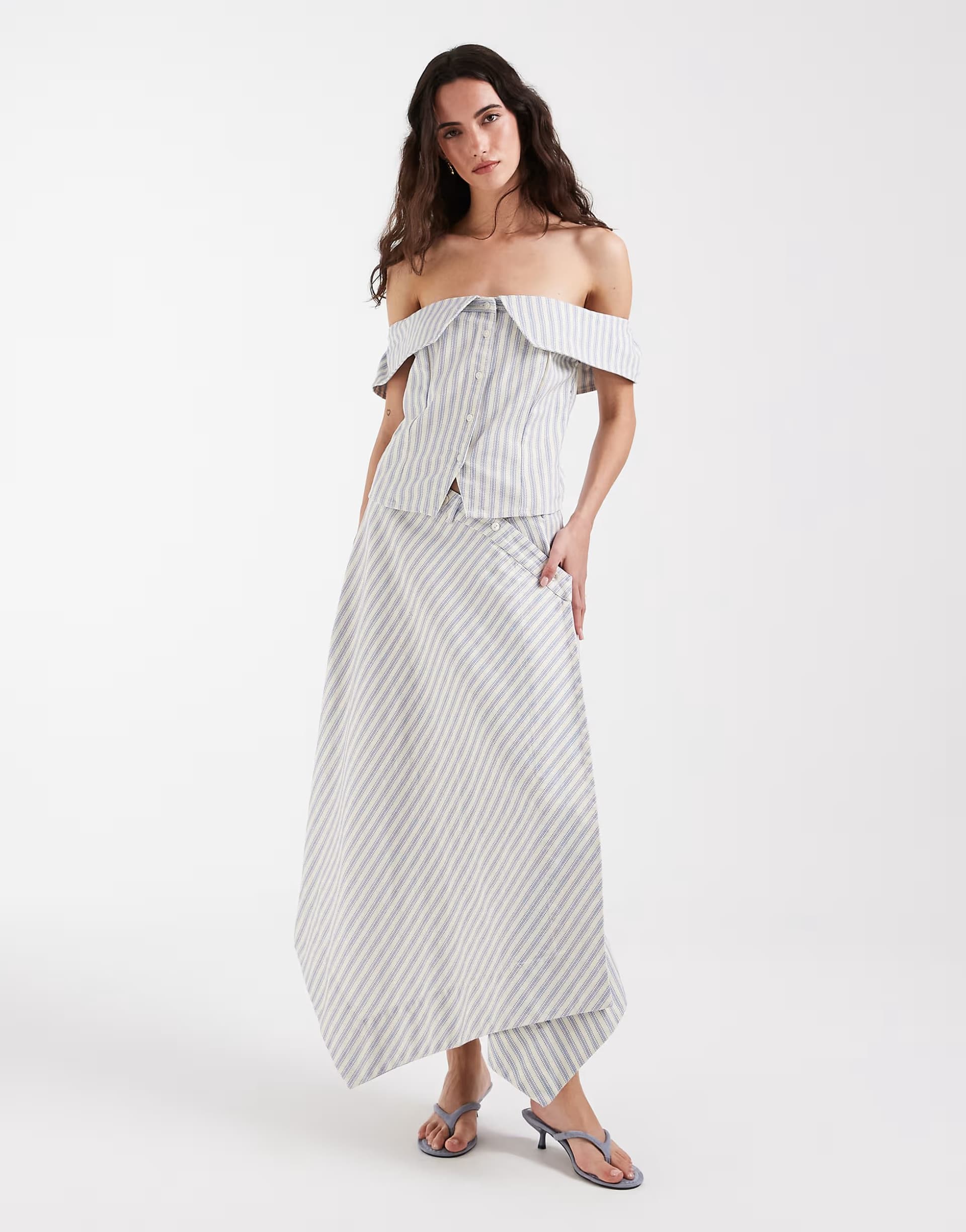 ASOS ASOS Ecru Stripe Off-Shoulder Tailored Top & Midi Skirt Co-Ord