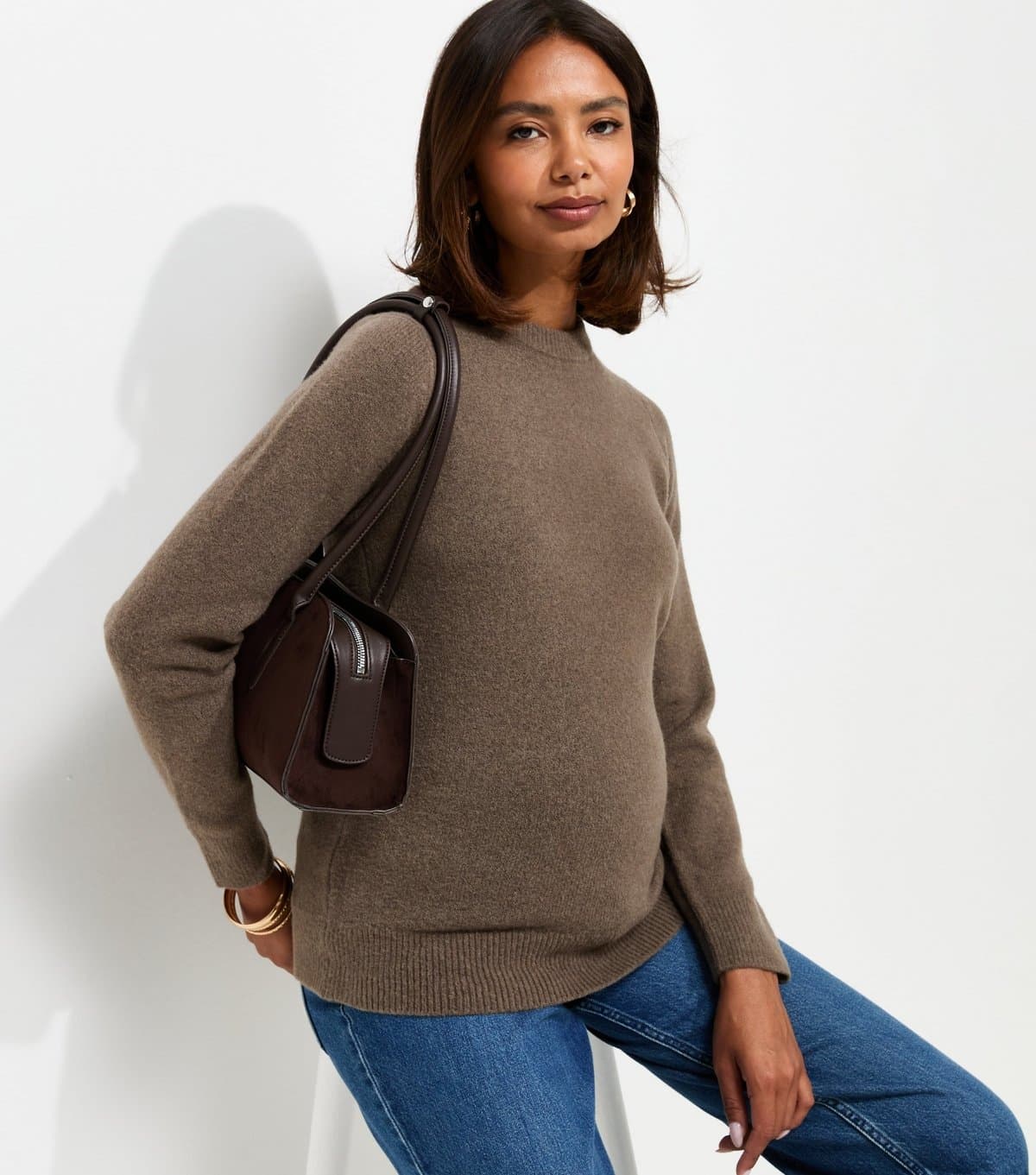 New Look Women's Maternity Dark Mink Knitted Set In Sleeve Crew Neck Jumper New Look