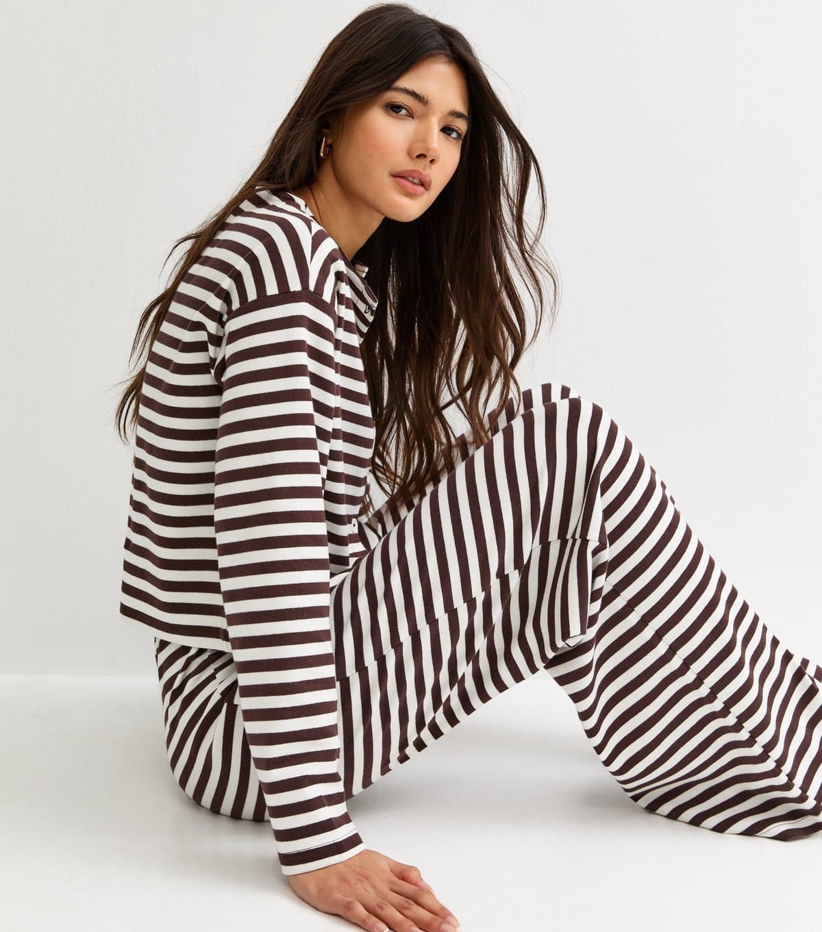 New Look Women's Brown Relaxed Striped Wide Leg Trousers New Look