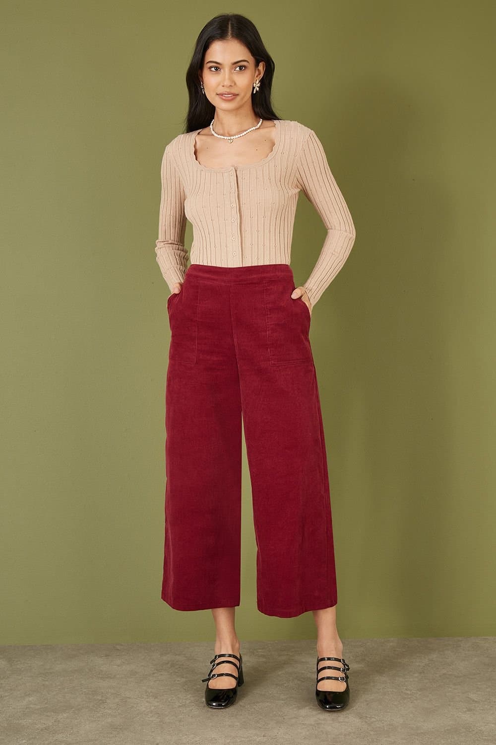 Yumi Yumi Burgundy Cord Cropped Wide Leg Trousers