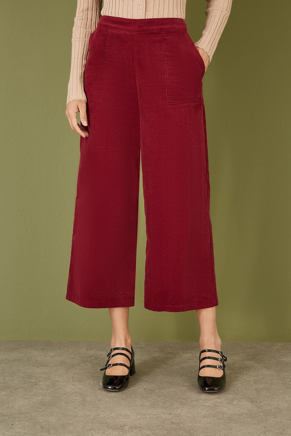 Yumi Yumi Women's Burgundy Cord Cropped Wide Leg Trousers With Pockets - 2