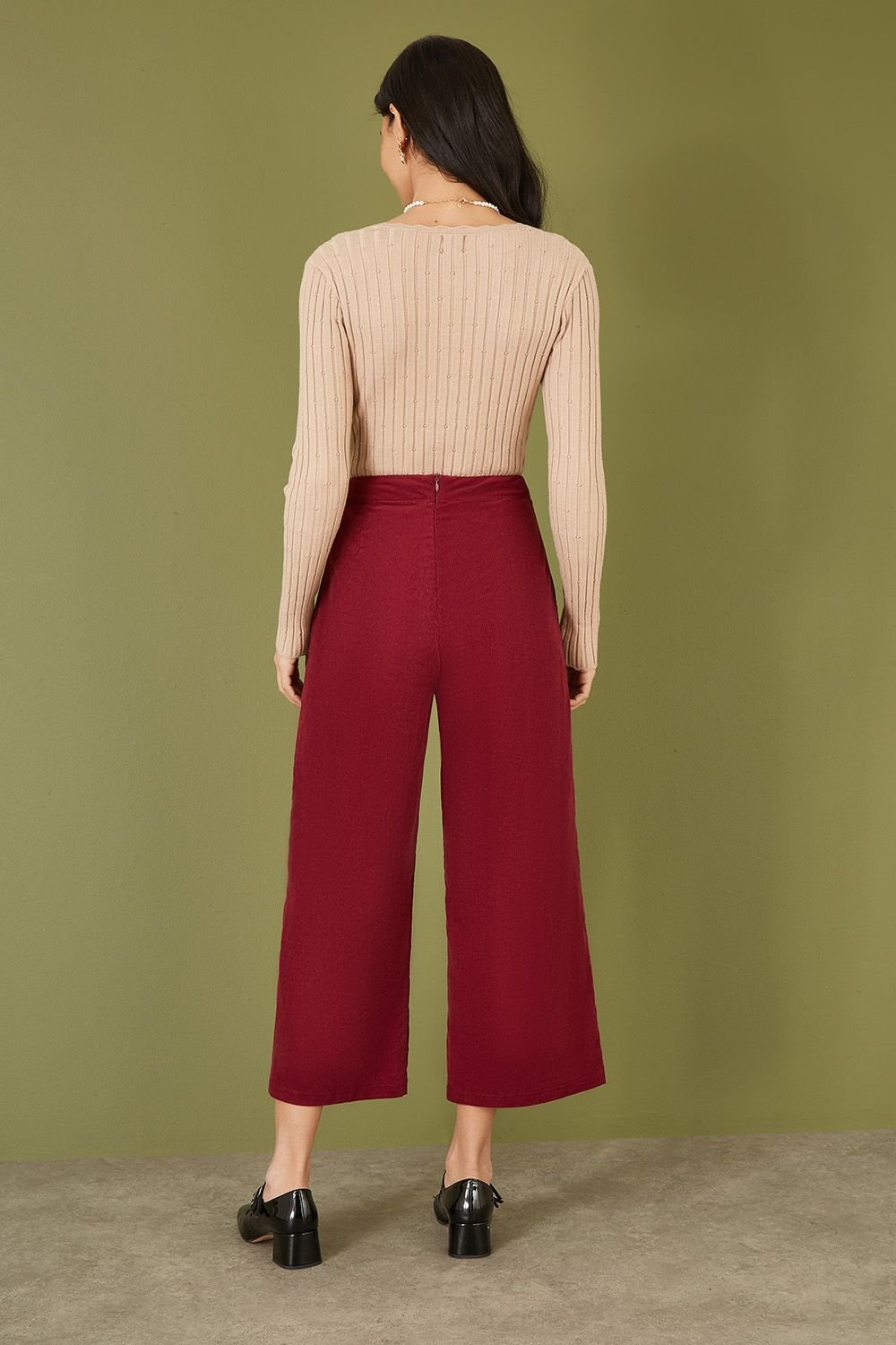 Yumi Yumi Women's Burgundy Cord Cropped Wide Leg Trousers With Pockets - 3