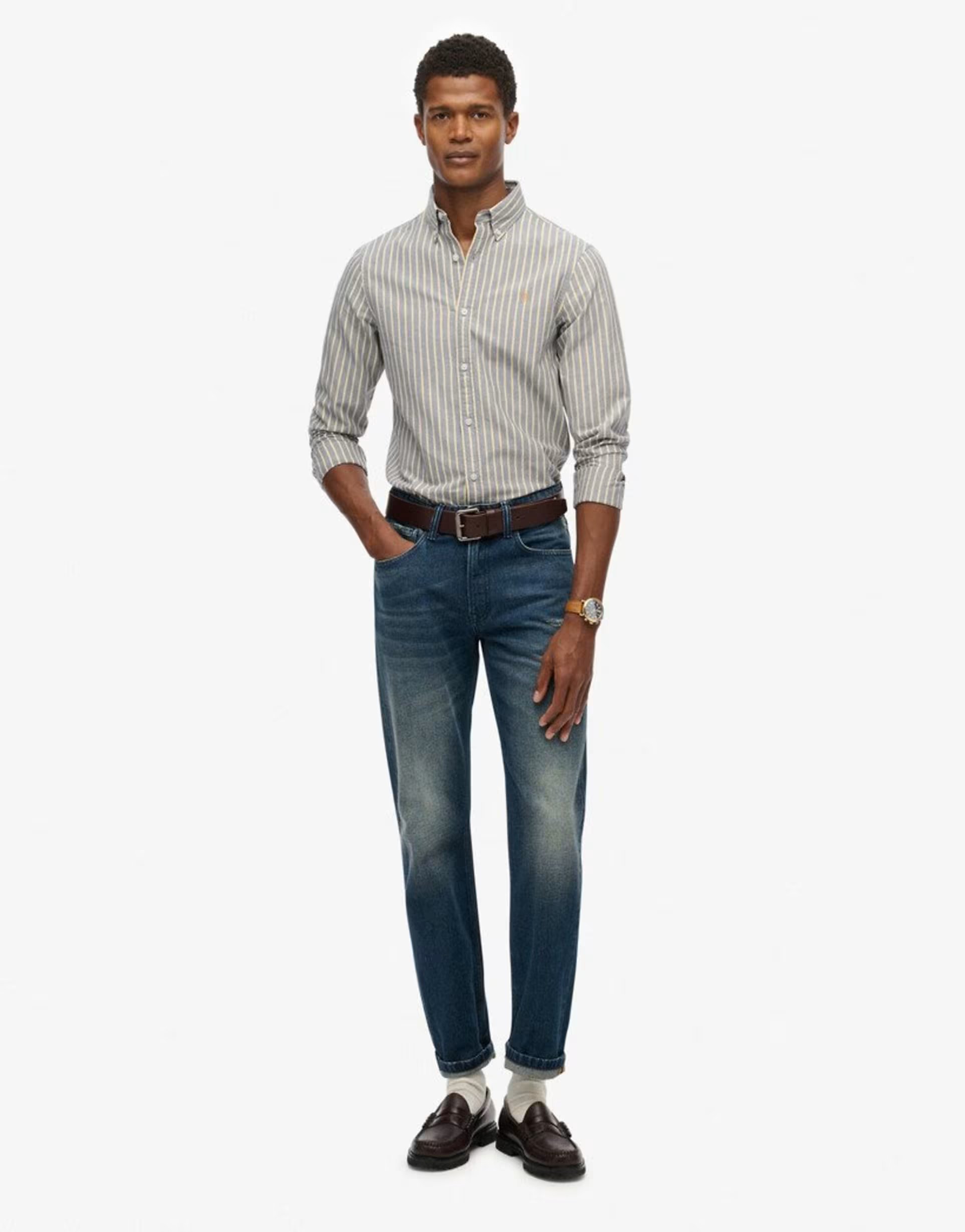 ASOS Superdry Classic oxford long sleeve shirt in lauren navy stripe/yellow - 1