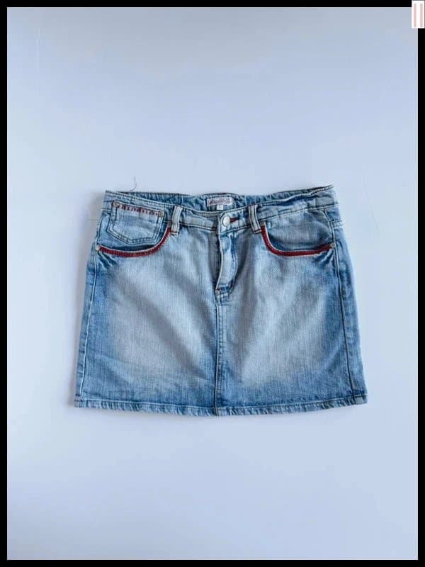 Madonna Y2K Madonna denim mini skirt red contrast stitch low rise light wash UK 12
