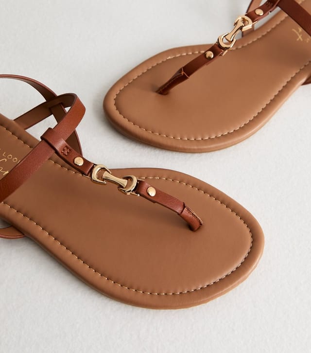 New Look Women's Tan Faux Leather Metal Toe Post Sandals Vegan New Look - 3