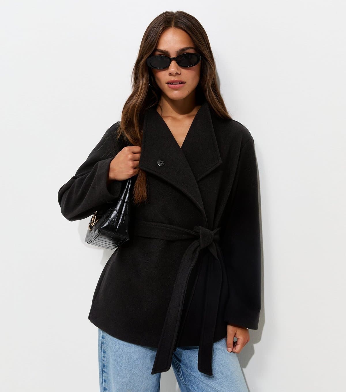 New Look Women's Petite Black Belted High Collar Jacket New Look