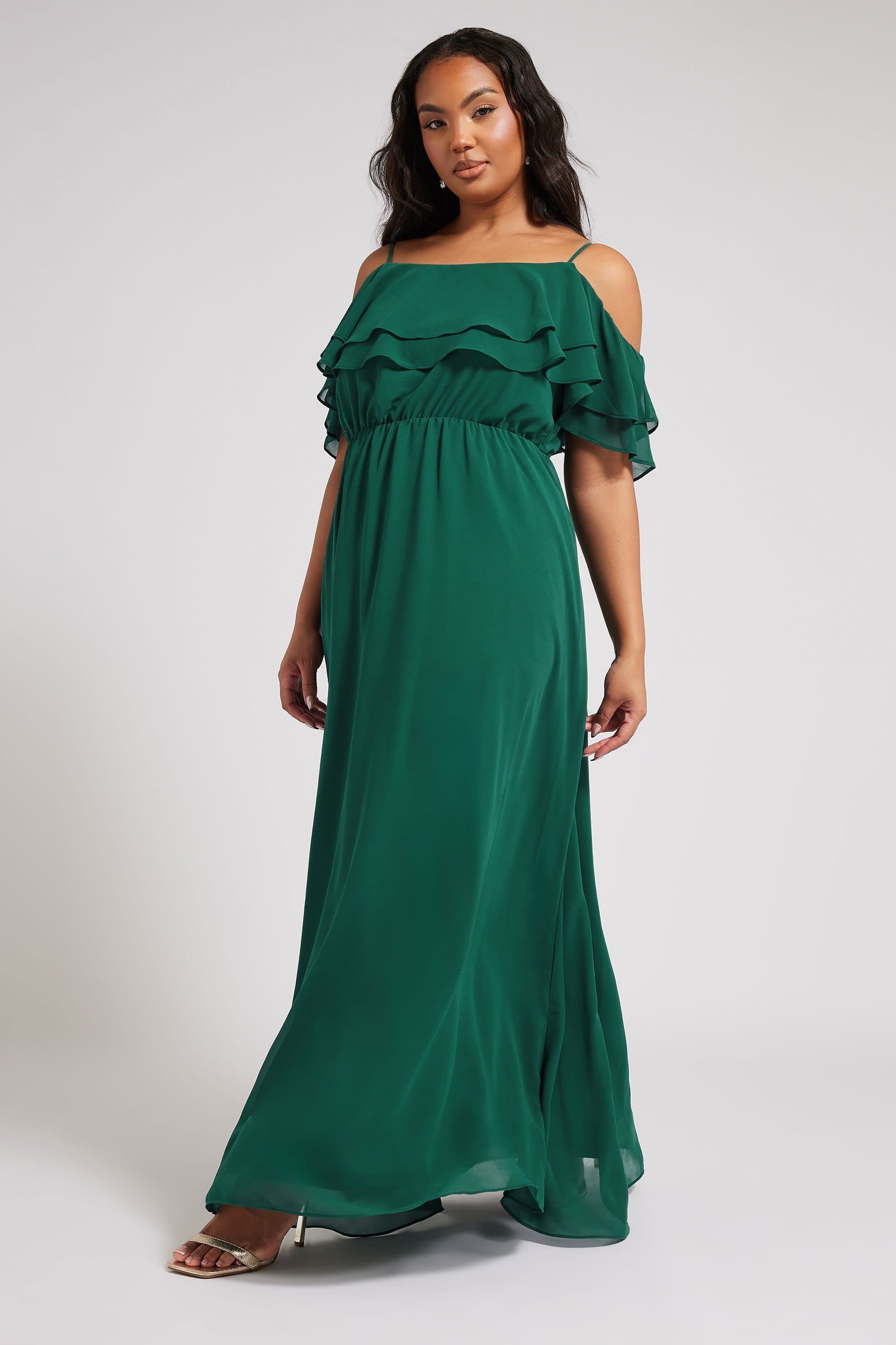 Yours Yours Women's Frill Cold Shoulder Maxi Dress in Dark Green