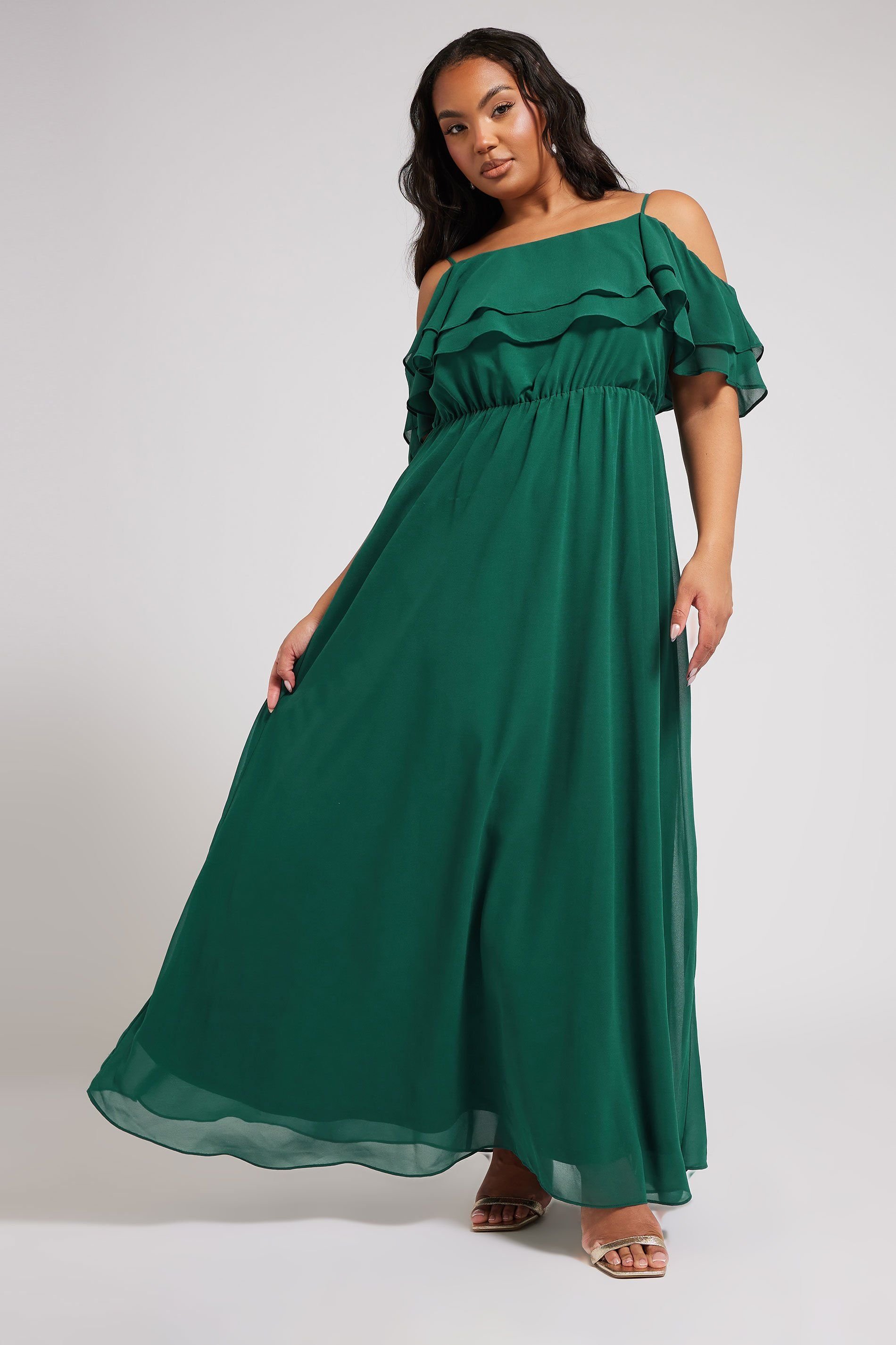 Yours Yours Women's Frill Cold Shoulder Maxi Dress in Dark Green - 3