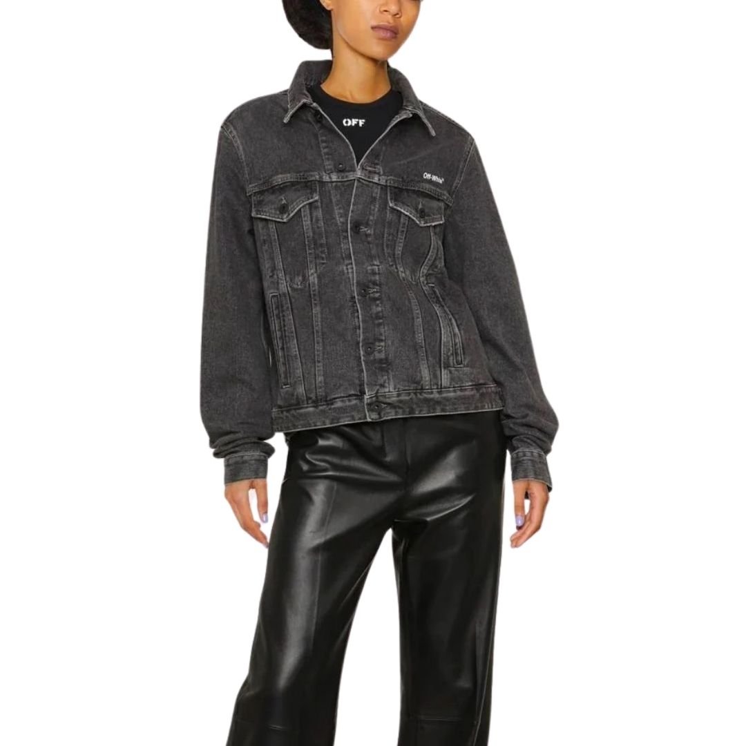 Off-White Off-White Women's Diag Design Regular Fit Dark Grey Denim Jacket - 3