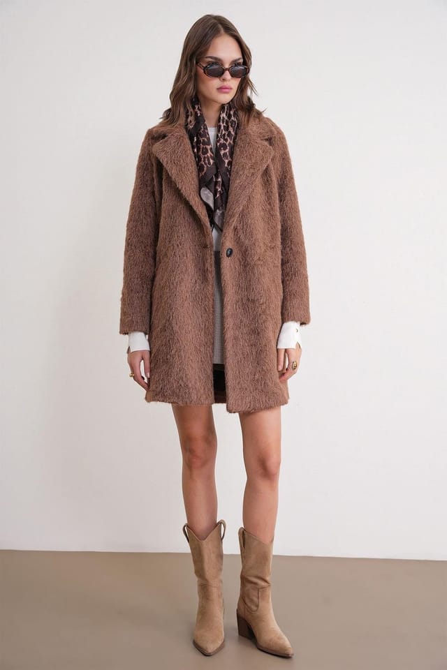 MixRay MixRay Women's Textured Long Coat with Jacket Collar in Chocolate - 2