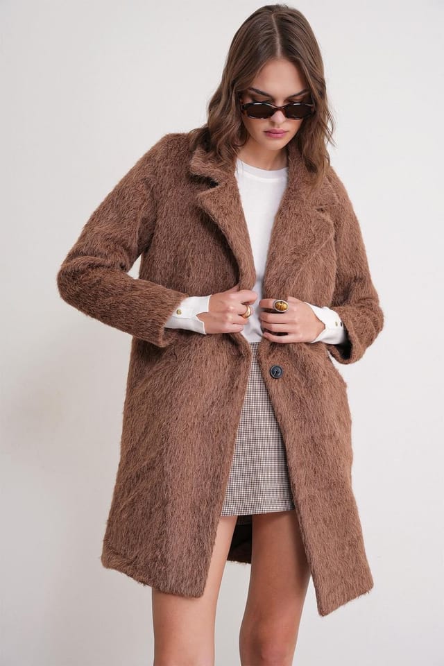 MixRay MixRay Women's Textured Long Coat with Jacket Collar in Chocolate - 3