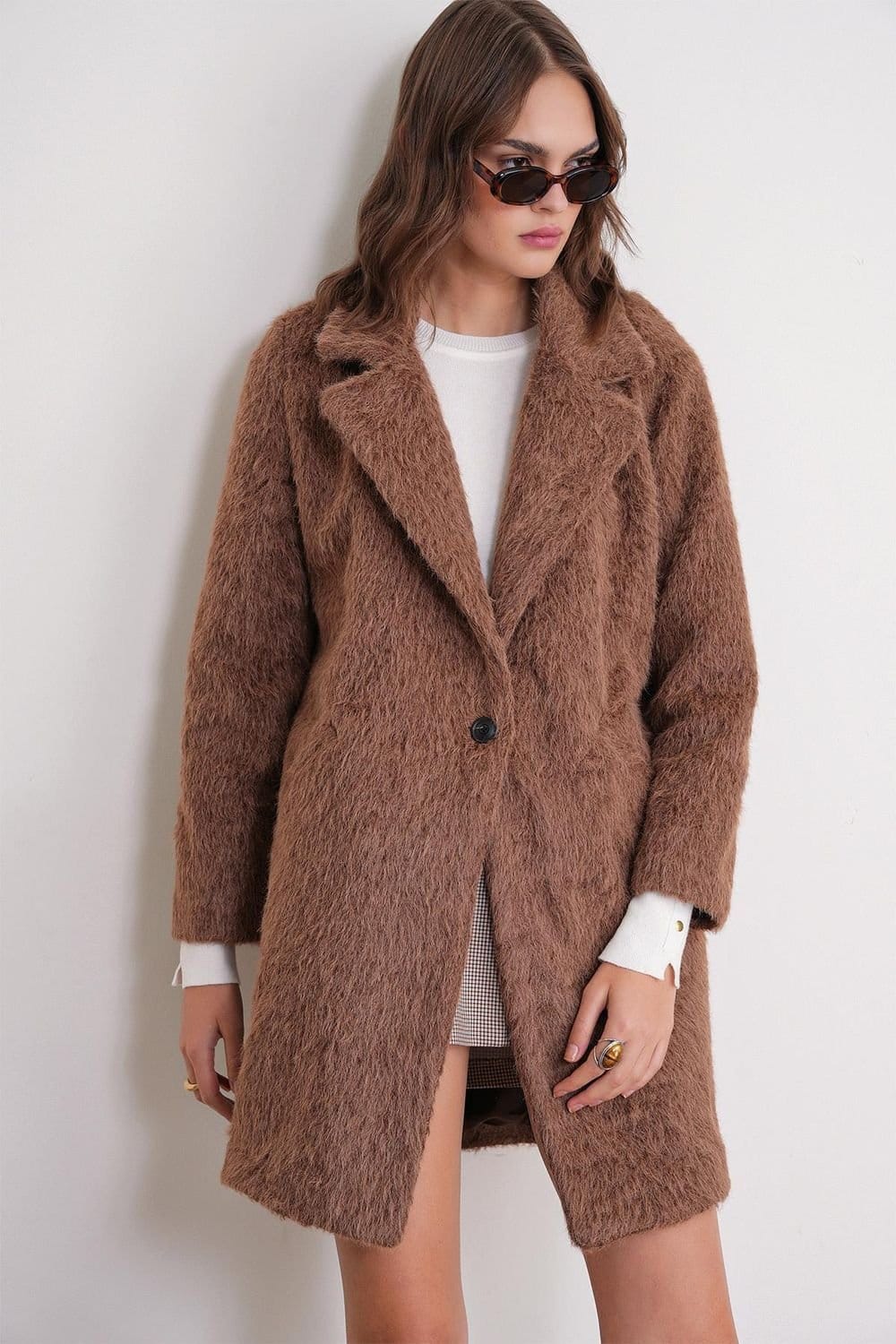 MixRay MixRay Women's Textured Long Coat with Jacket Collar in Chocolate - 4