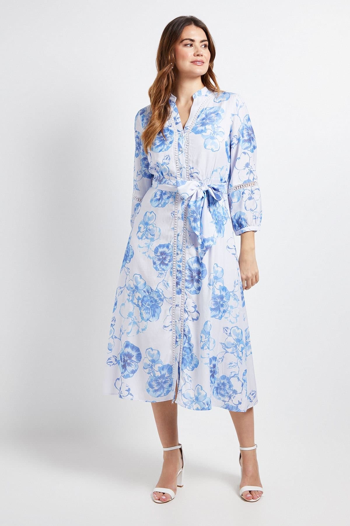 Wallis Wallis Women's Floral Lace Insert Collarless Shirt Dress in Blue