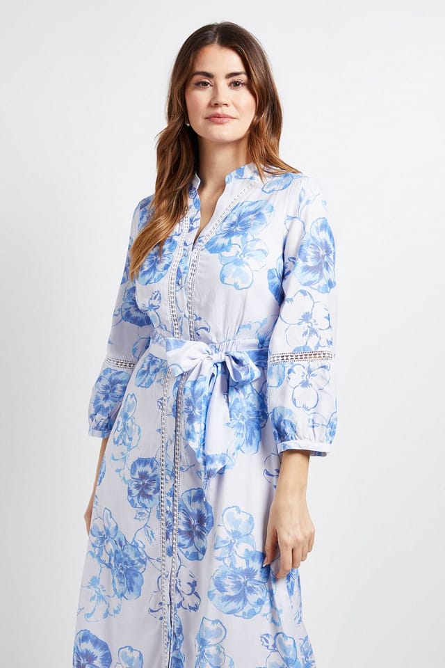 Wallis Wallis Women's Floral Lace Insert Collarless Shirt Dress in Blue - 2