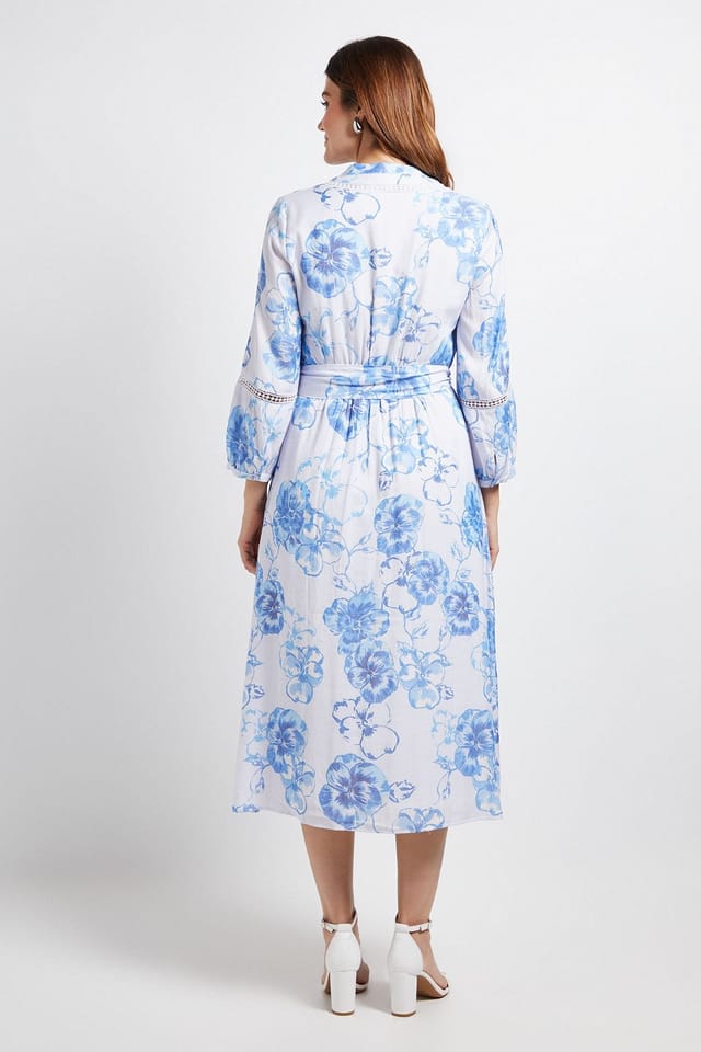 Wallis Wallis Women's Floral Lace Insert Collarless Shirt Dress in Blue - 3