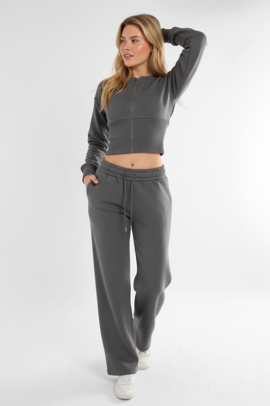 STYLEWISE STYLEWISE Women's Cropped Zip Up Sweatshirt & Wide Leg Trouser Tracksuit in Dark Grey
