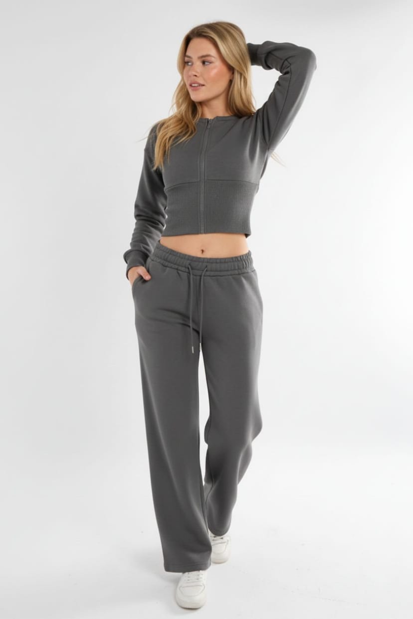 STYLEWISE STYLEWISE Women's Cropped Zip Up Sweatshirt & Wide Leg Trouser Tracksuit in Dark Grey - 1