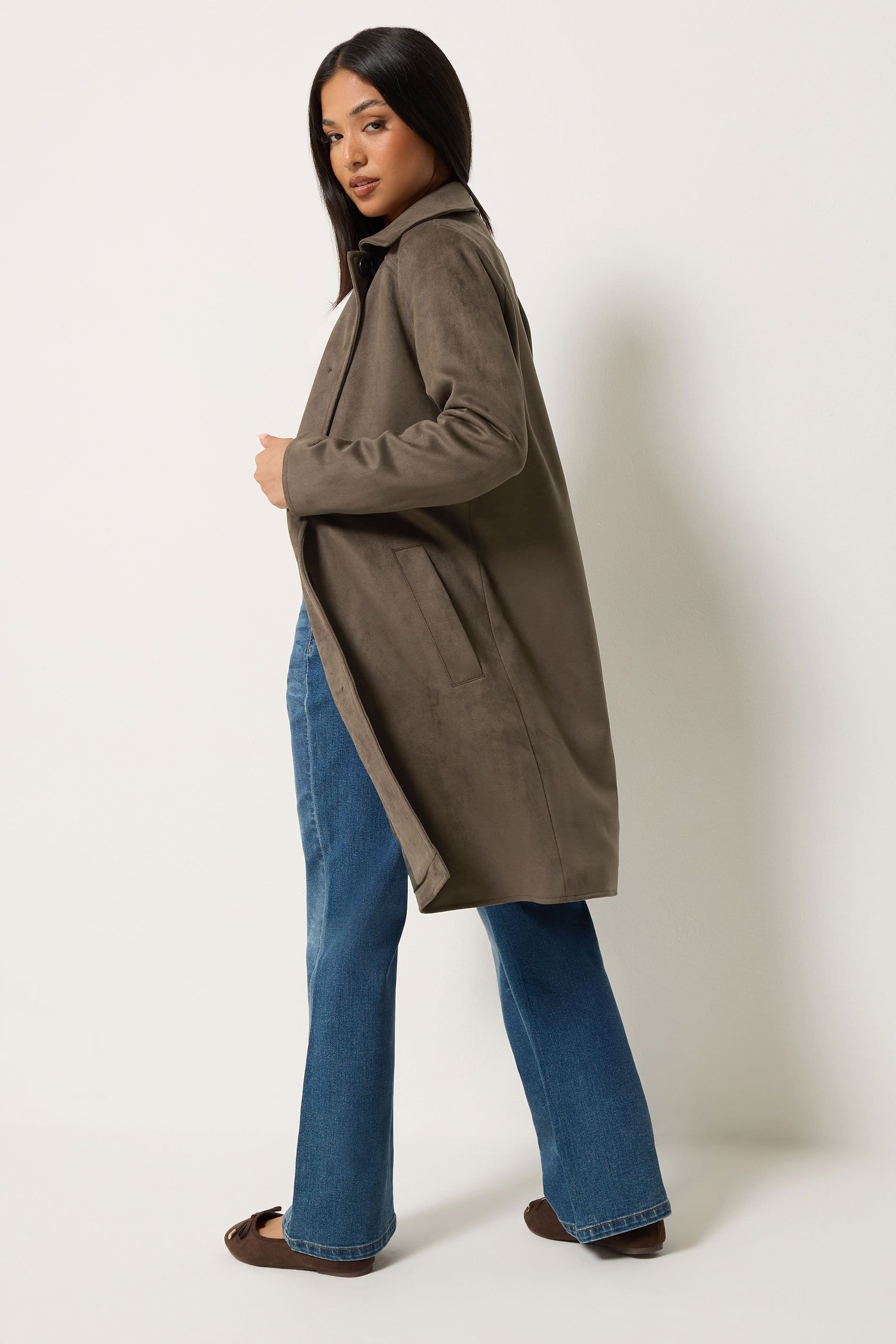 M&Co M&Co Women's Faux Suede Midi Coat in Chocolate - 4