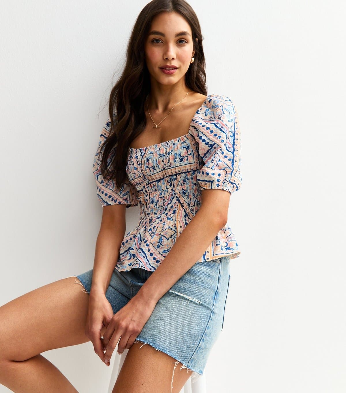 New Look Women's Blue Scarf Print Shirred Top New Look