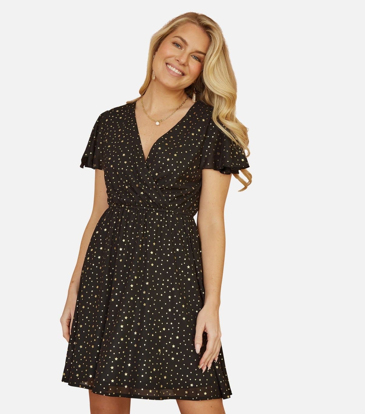 Yumi Women's Black Foil Star Mini Dress Yumi New Look