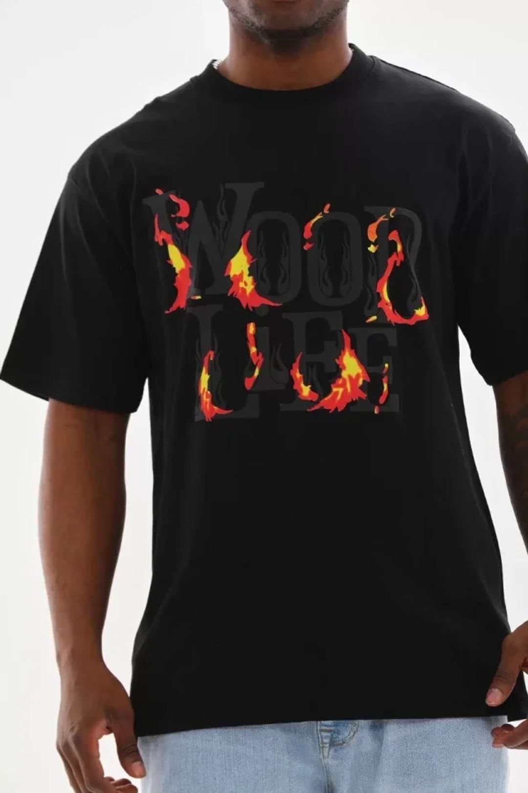 Janes Janes Men's Oversized Crew Neck Flame Text Print T-Shirt in Black