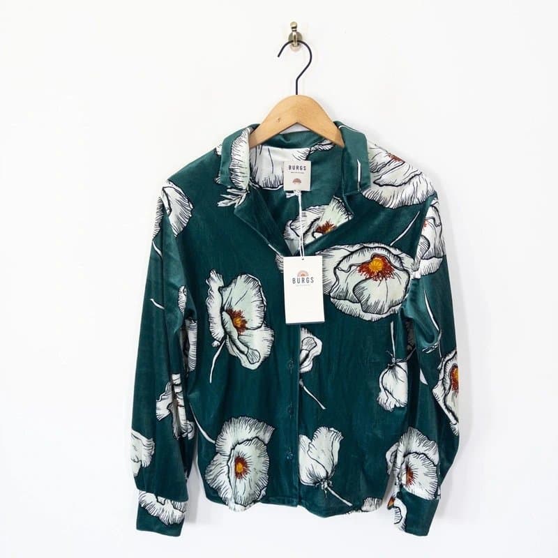 burgs Burgs Velvet Floral Shirt Size 12 NEW Relaxed Fit Emerald Teal White Button Up