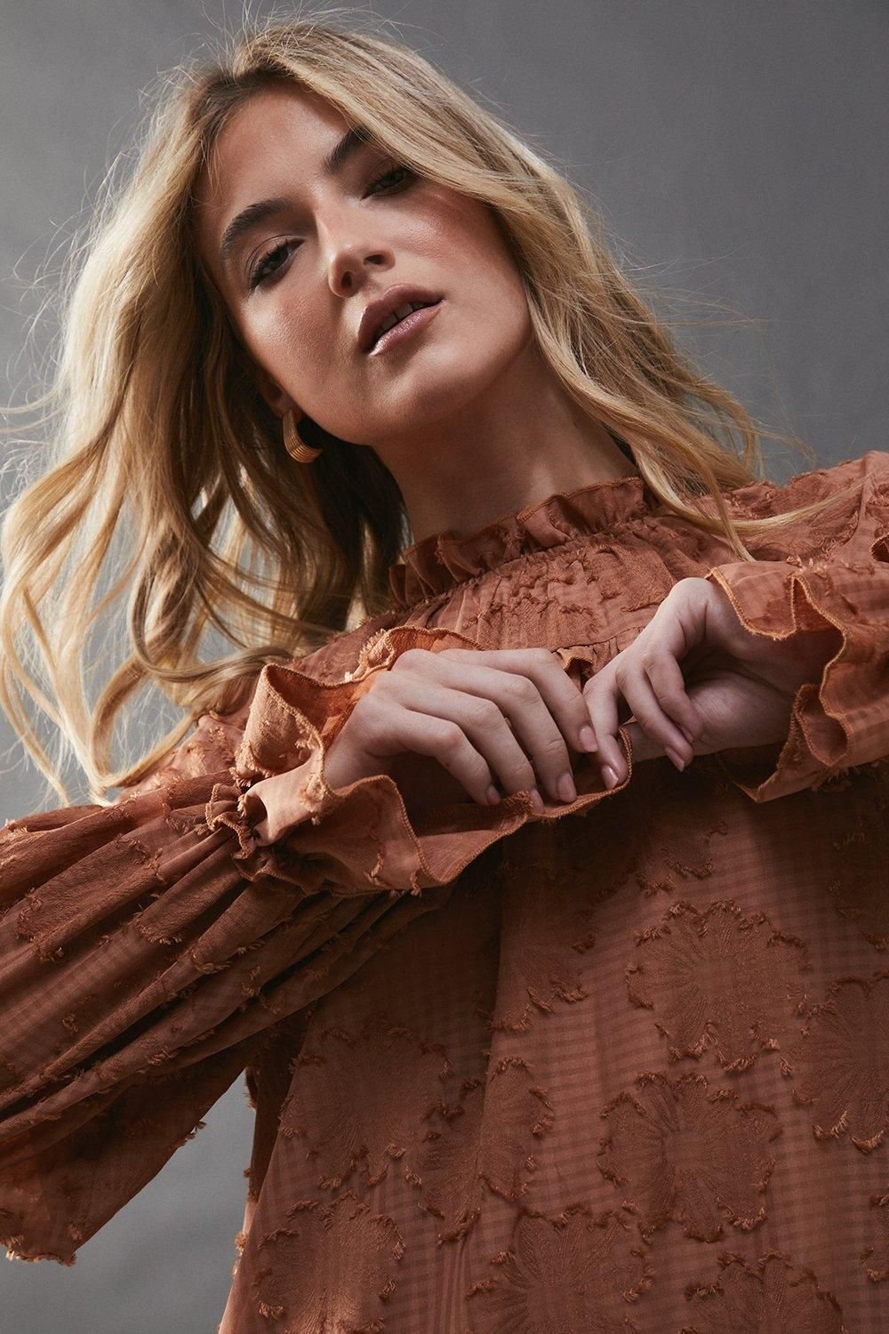 Warehouse Warehouse Women's Floral Jacquard Ruffle Neck Mini Smock Dress in Rose - 4