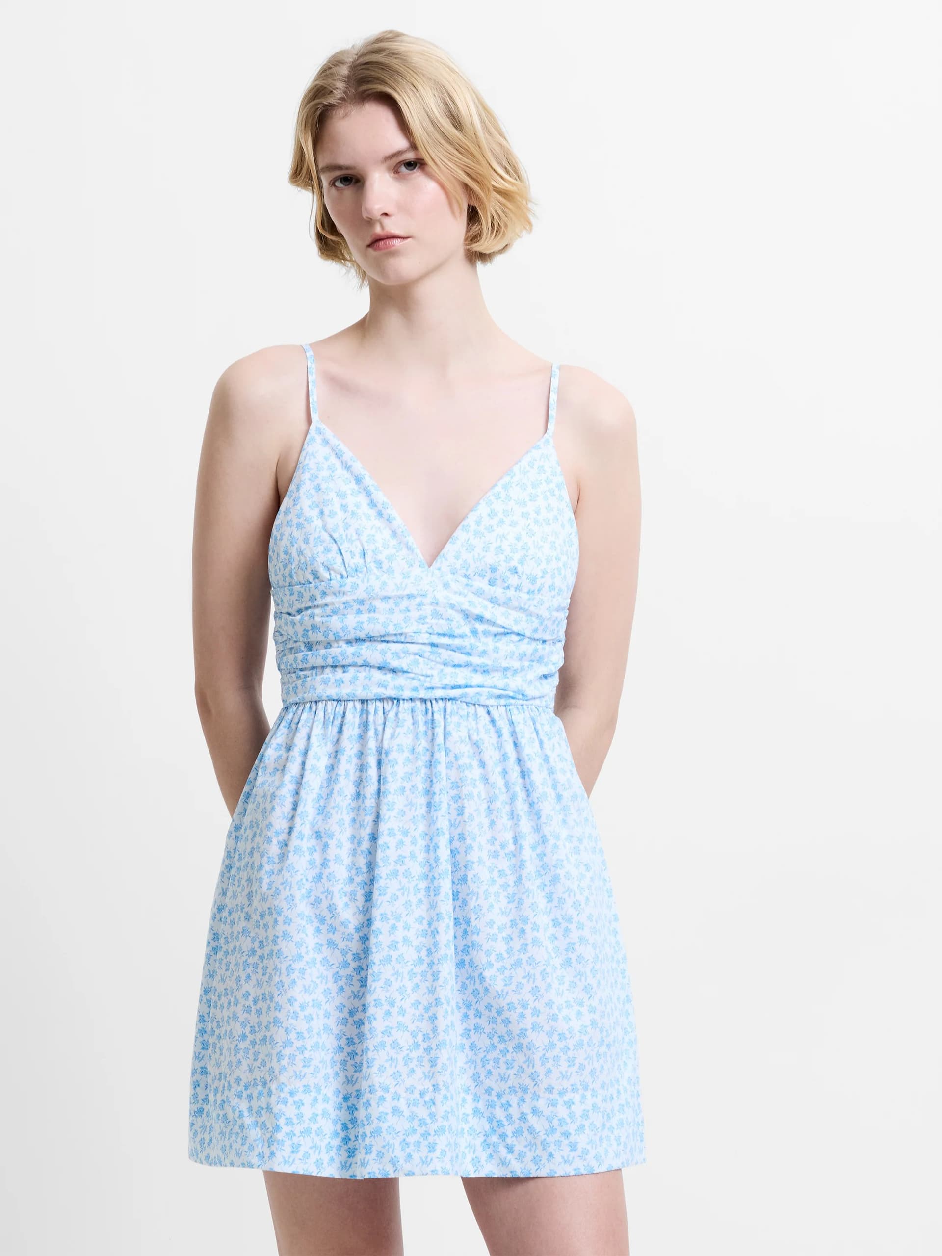 French Connection Rhodes Poplin Floral Ruched Mini Dress White/Poolside Blue Floral Print