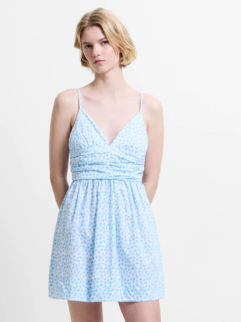 French Connection Rhodes Poplin Floral Ruched Mini Dress White/Poolside Blue Floral Print - 1