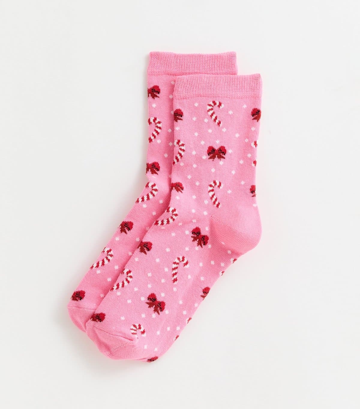 New Look Pink Christmas Candy Cane Bow Pattern Socks New Look