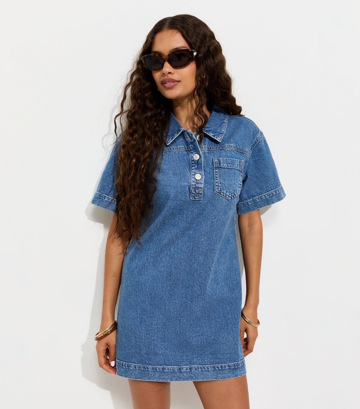 New Look Women's Petite Blue Cotton Short Sleeve Denim Tunic Mini Dress New Look