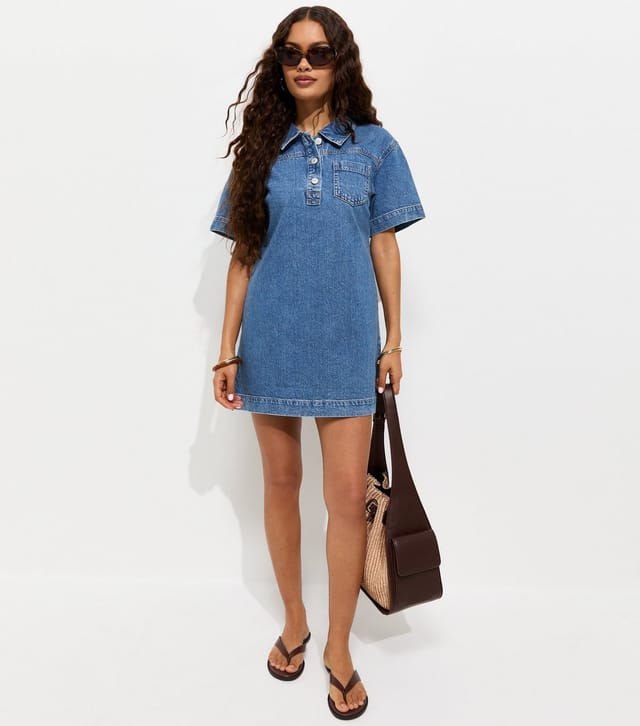 New Look Women's Petite Blue Cotton Short Sleeve Denim Tunic Mini Dress New Look - 2