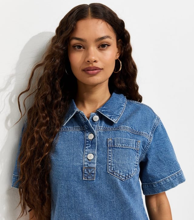 New Look Women's Petite Blue Cotton Short Sleeve Denim Tunic Mini Dress New Look - 3