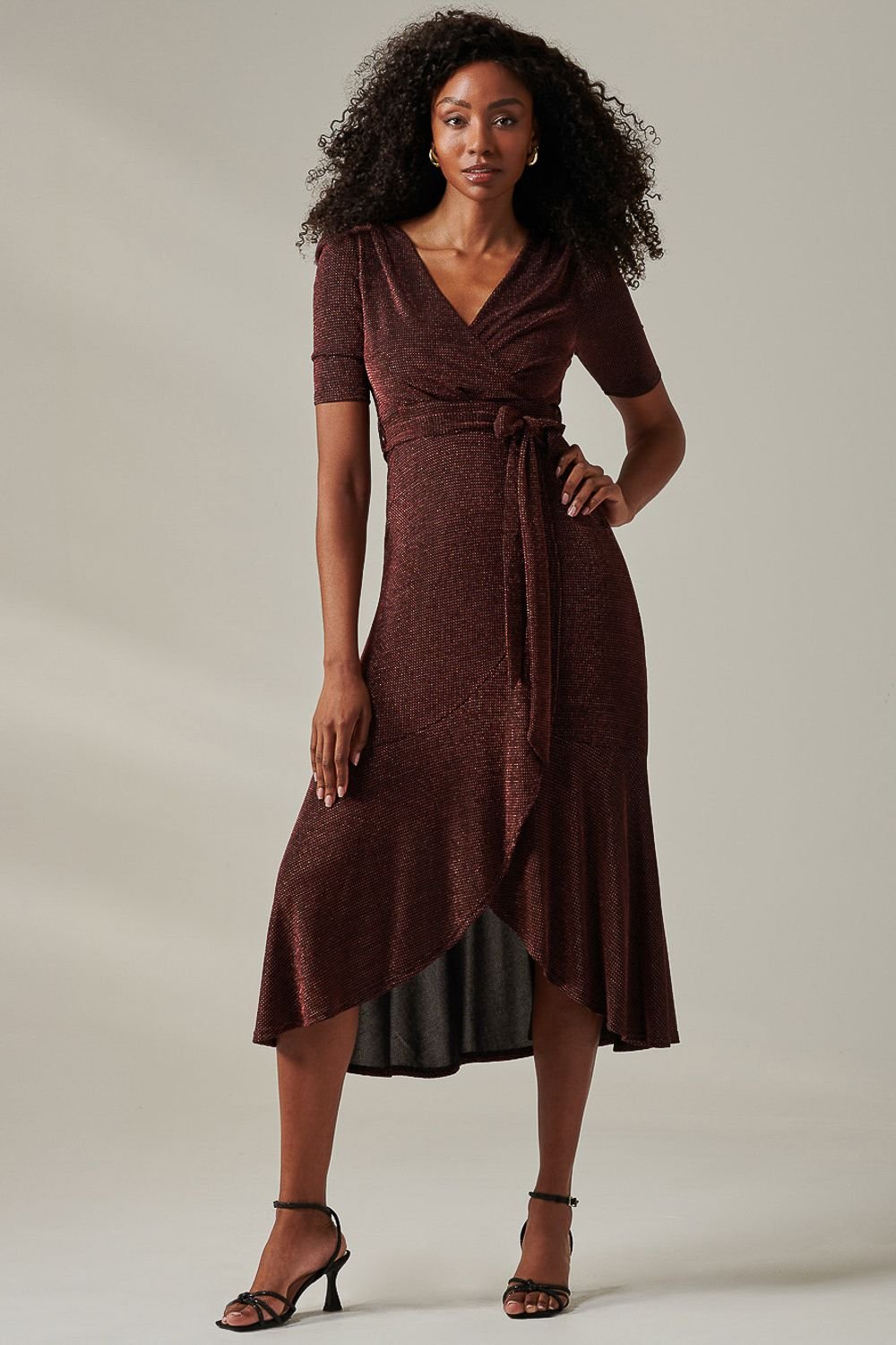 Jolie Moi Jolie Moi Women's Metallic Tie Waist Wrapped Maxi Dress in Red - 4