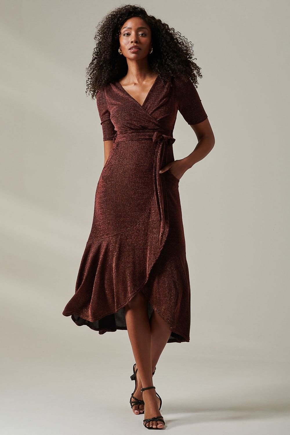 Jolie Moi Jolie Moi Women's Metallic Tie Waist Wrapped Maxi Dress in Red - 4