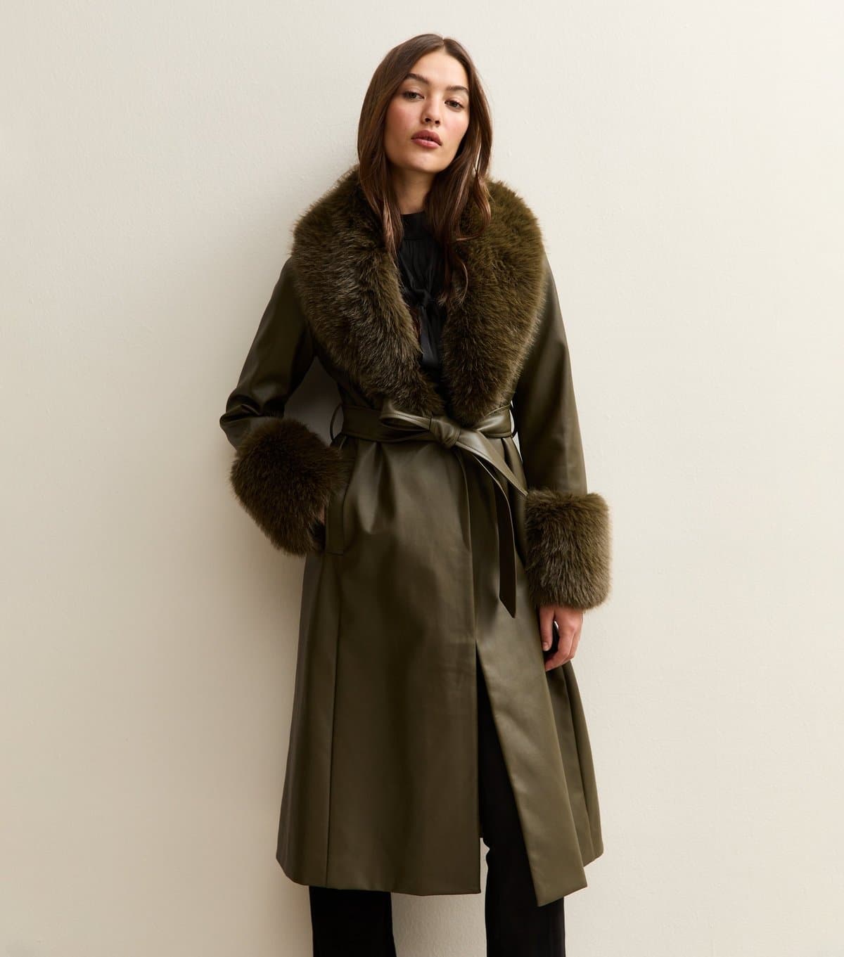 New Look Women's Khaki Faux Leather Faux Fur Trim Longline Jacket New Look