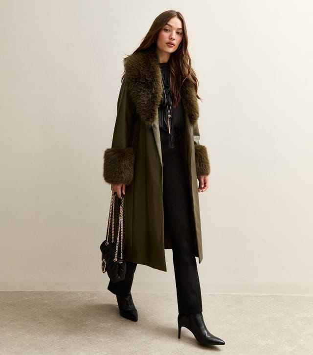 New Look Women's Khaki Faux Leather Faux Fur Trim Longline Jacket New Look - 2