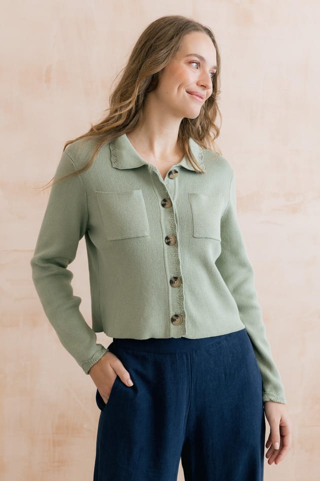 Lily & Me Lily & Me Women's Piper Chic Boxy Fit Knitted Jacket with Scalloped Turn Back Cuffs in Olive - 2