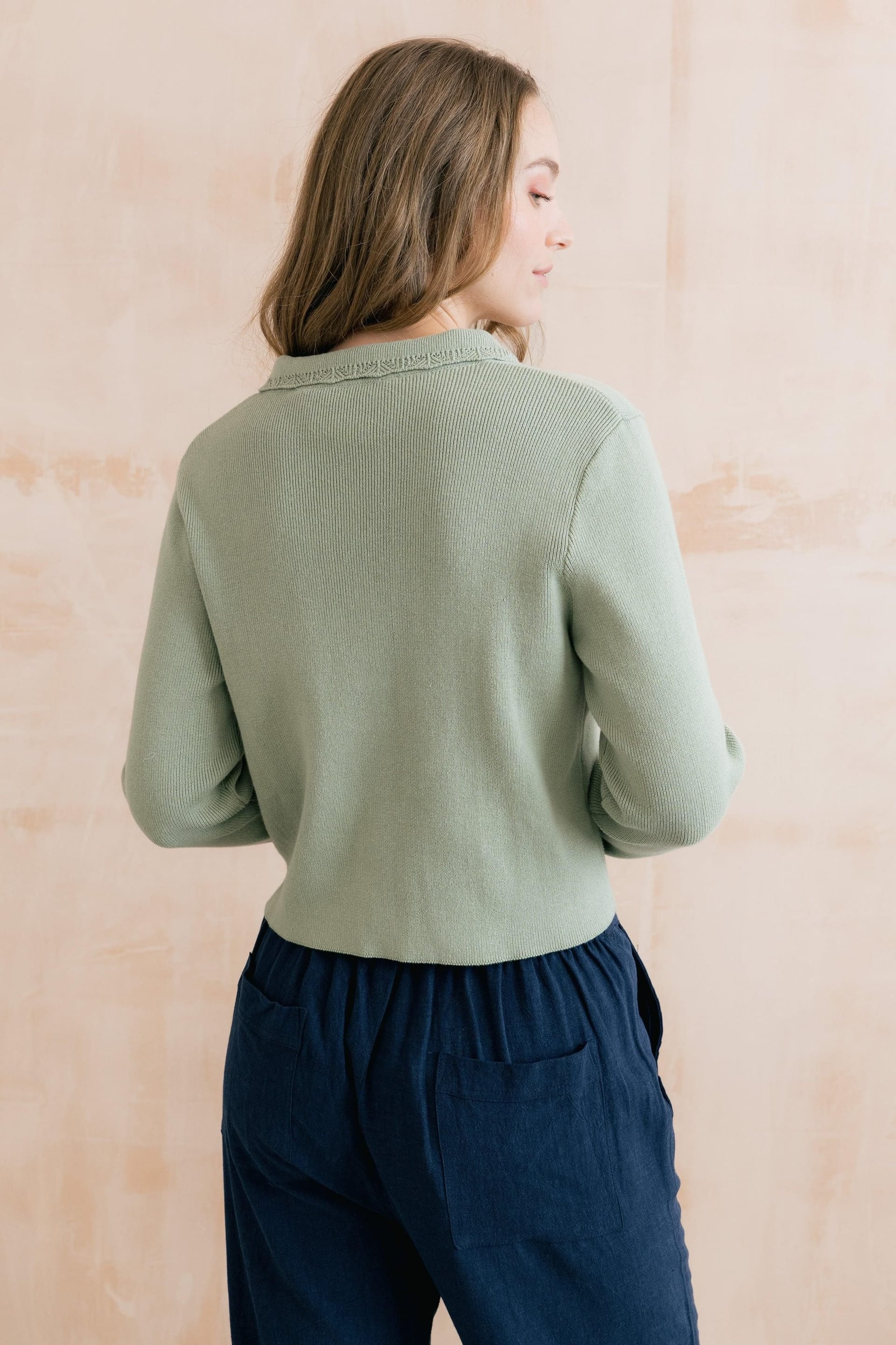Lily & Me Lily & Me Women's Piper Chic Boxy Fit Knitted Jacket with Scalloped Turn Back Cuffs in Olive - 4