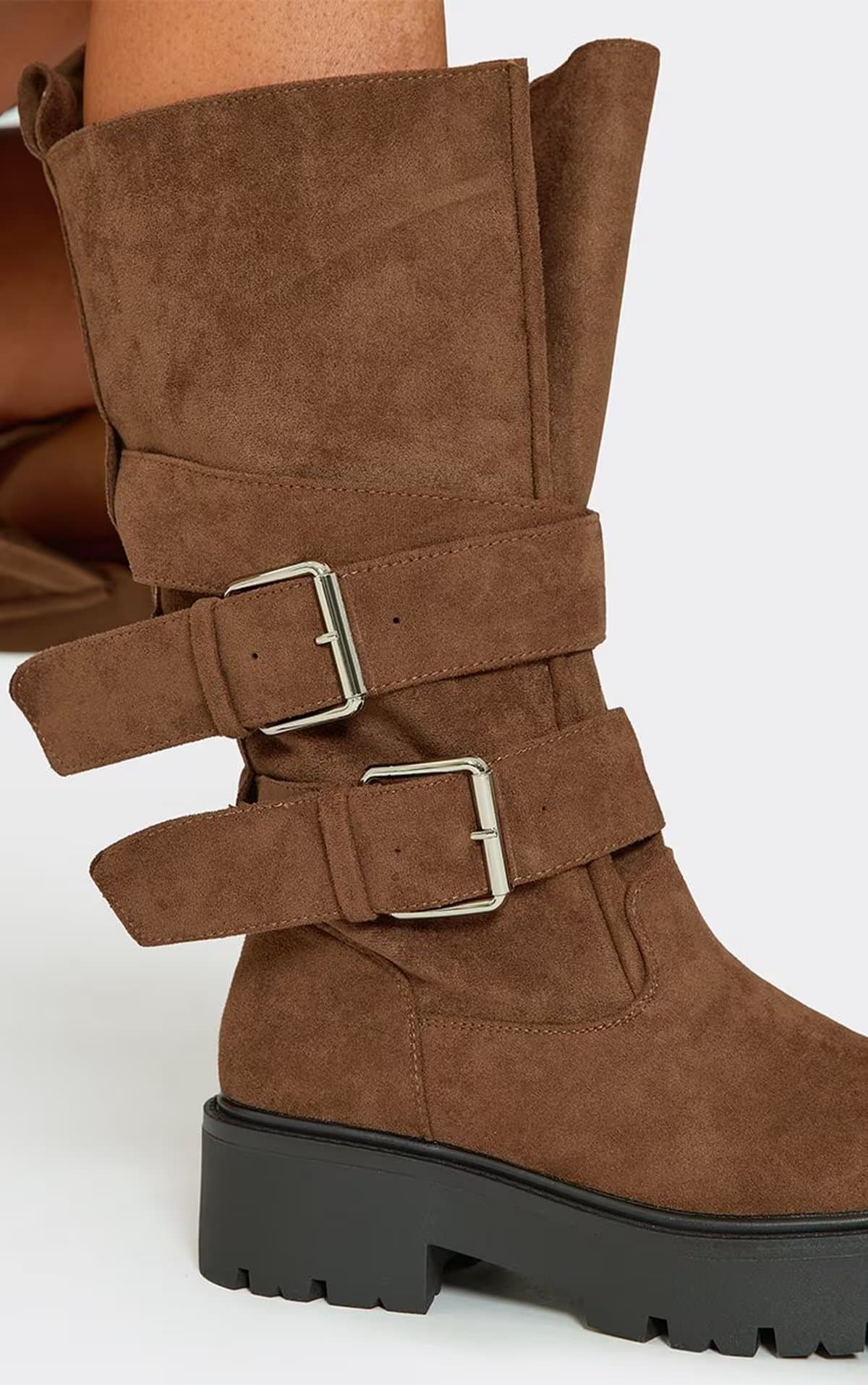 EGO Keoni Multi Buckle Detail Mid Calf Chunky Biker Boot In Tan Brown Faux Suede, Women's Size UK 3