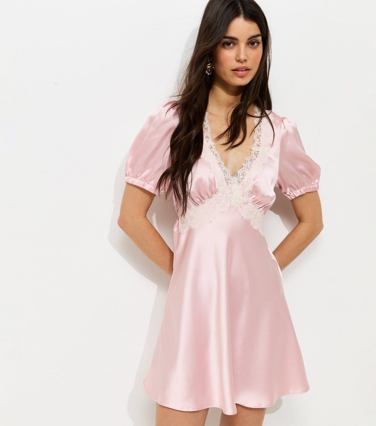 New Look Light Pink Satin Lace Trim Mini Dress